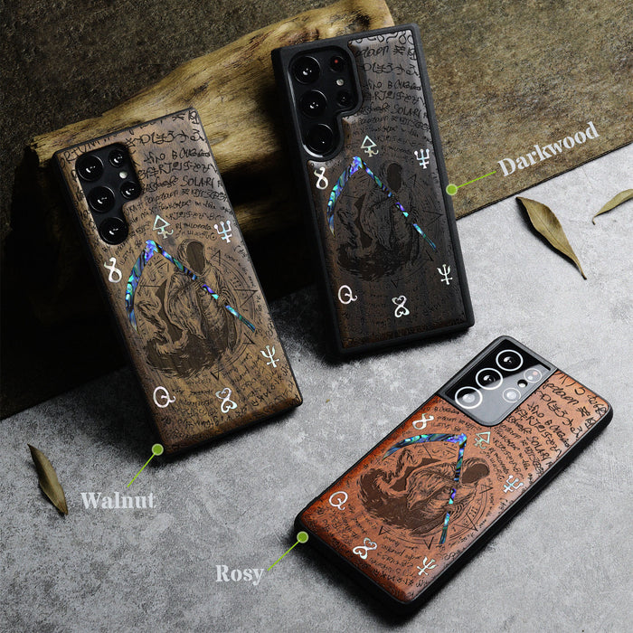 The Reaper's Scythe, Hand-Inlaid Wood & Mother of Pearl Case - Artisanal Cover for Samsung Galaxy