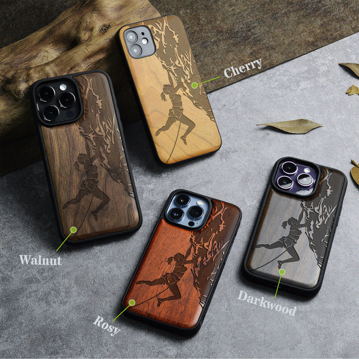 Woman Ascending the Cliff, Classic Engraved Wood & TPU Case - Artisanal Cover for Apple iPhone