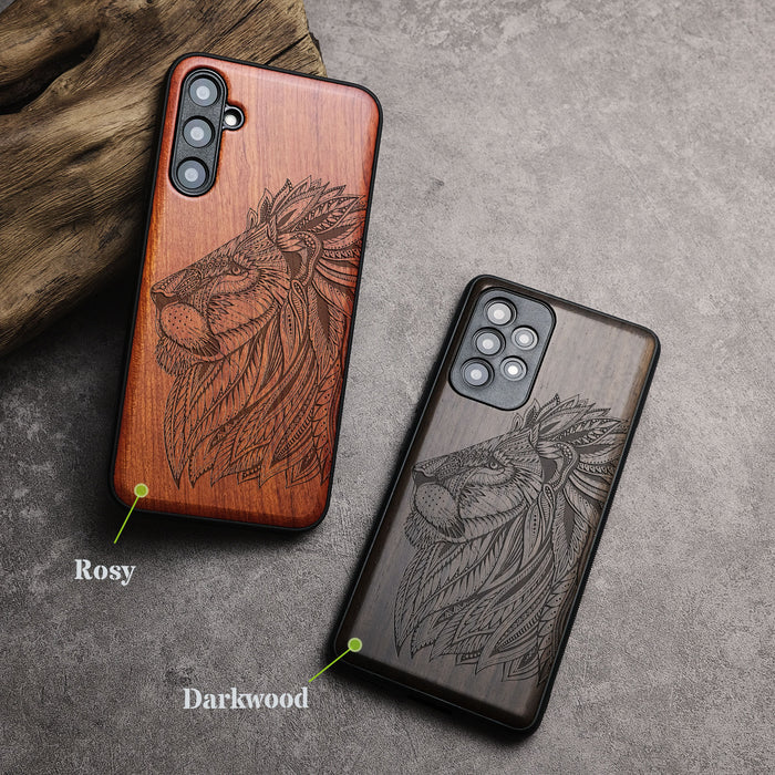 The Ornate Lion's Head, Classic Engraved Wood & TPU Case - Artisanal Cover for Samsung Galaxy