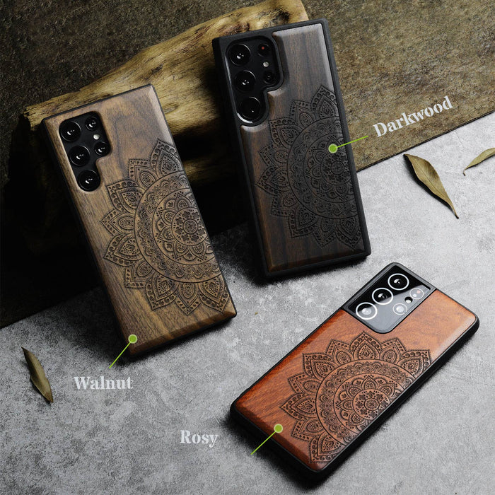 The Half Mandala Lace Pattern, Classic Engraved Wood & TPU Case - Artisanal Cover for Samsung Galaxy