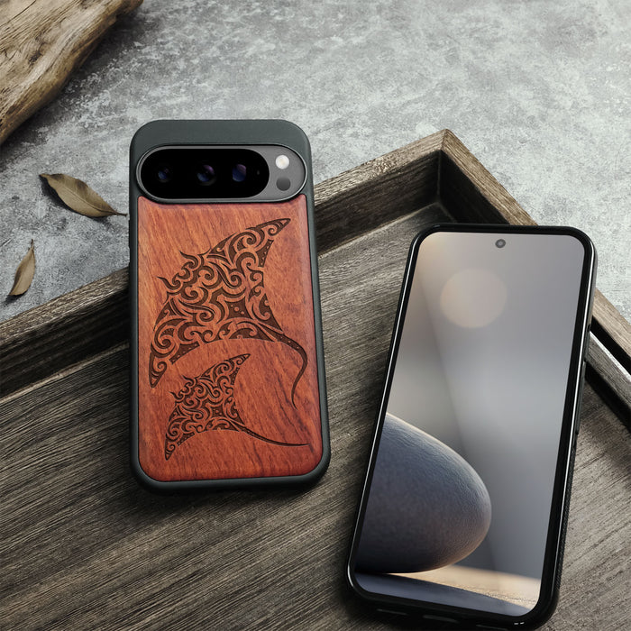 Polynesian Manta Rays, Classic Engraved Wood & TPU Case - Artisanal Cover for Google Pixel