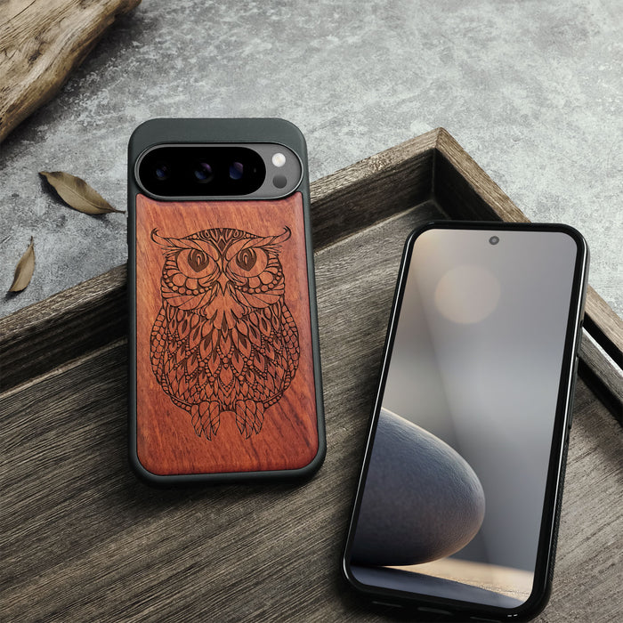 Owl Mandala, Classic Engraved Wood & TPU Case - Artisanal Cover for Google Pixel