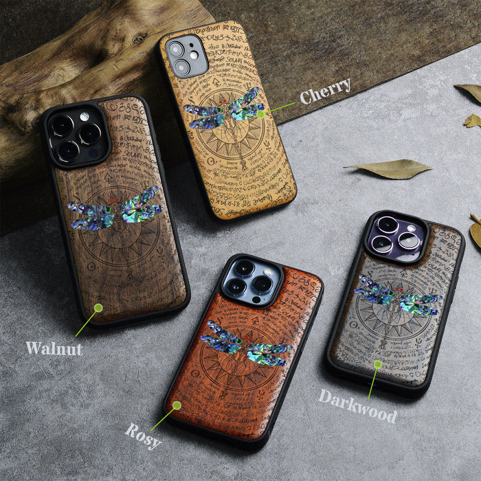 The Graceful Dragonfly, Hand-Inlaid Wood & Mother of Pearl Case - Artisanal Cover for Apple iPhone