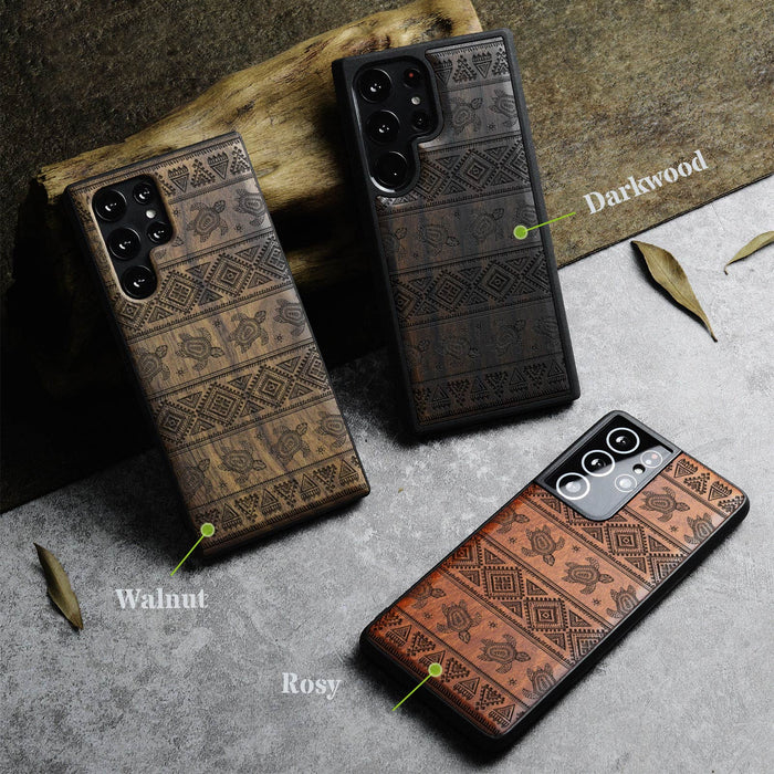 The Aztec Sea Turtle, Classic Engraved Wood & TPU Case - Artisanal Cover for Samsung Galaxy