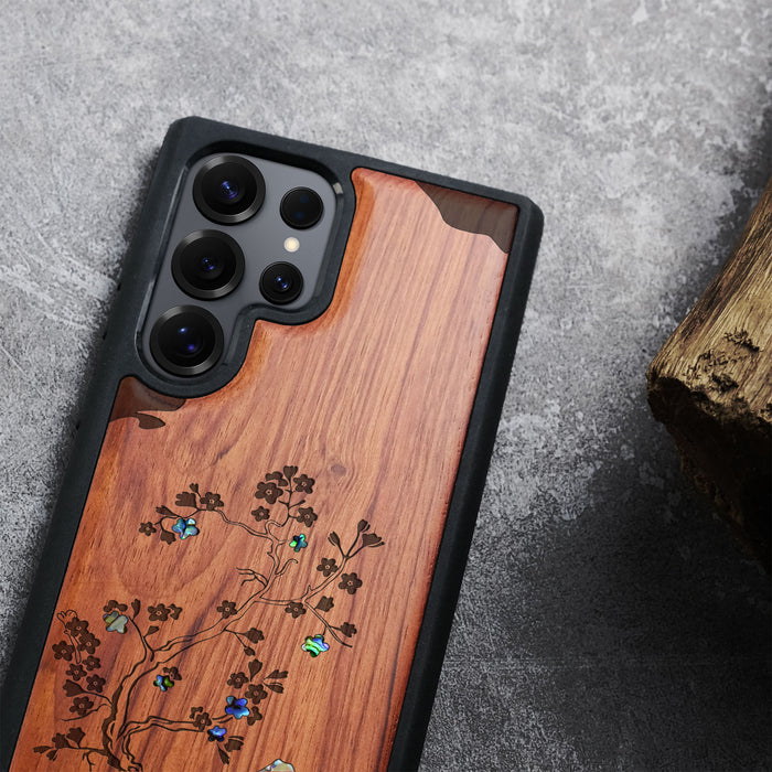 Ethereal Blossoms, Hand-Inlaid Wood & Mother of Pearl Case - Artisanal Cover for Samsung Galaxy