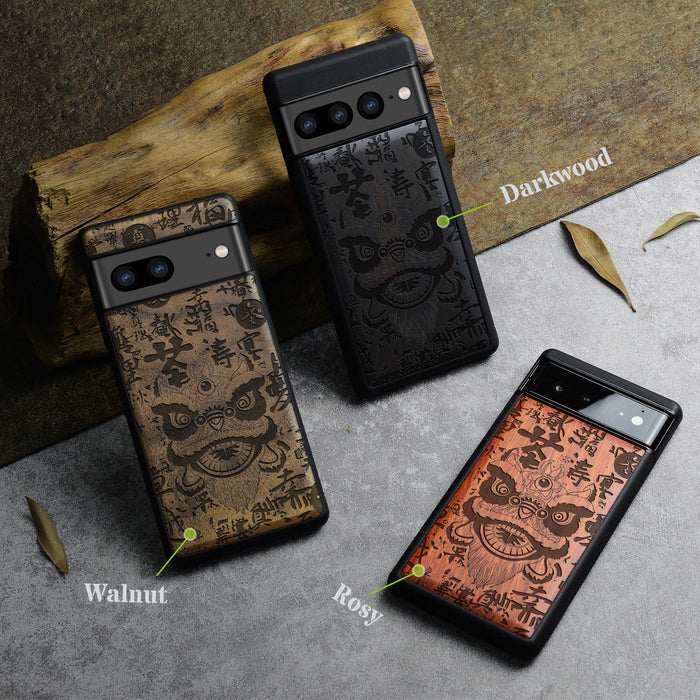 Chinese Lion Dance Head Auspicious, Classic Engraved Wood & TPU Case - Artisanal Cover for Google Pixel