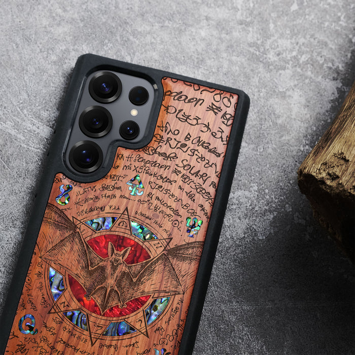 The Bat and the Octagonal Star, Hand-Inlaid Wood & Mother of Pearl Case - Artisanal Cover for Samsung Galaxy
