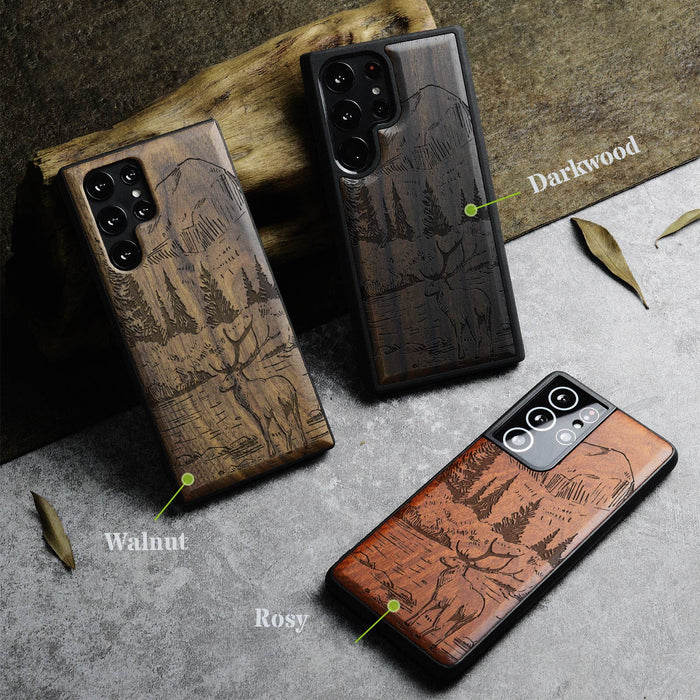 An Enthralling Natural Landscape Illustration, Classic Engraved Wood & TPU Case - Artisanal Cover for Samsung Galaxy