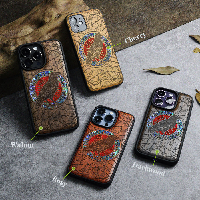 The Haloed Crow, Hand-Inlaid Wood & Mother of Pearl Case - Artisanal Cover for Apple iPhone