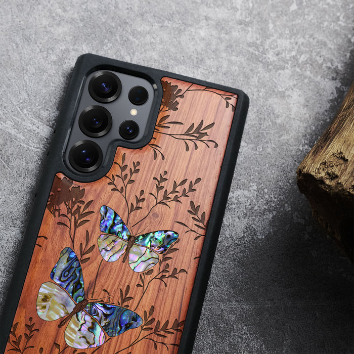 A Dance of Nature, Hand-Inlaid Wood & Mother of Pearl Case - Artisanal Cover for Samsung Galaxy