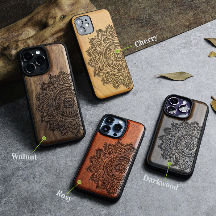 The Half Mandala Lace Art, Classic Engraved Wood & TPU Case - Artisanal Cover for Apple iPhone