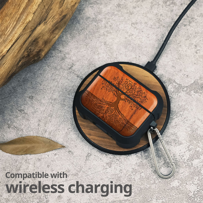 Yin Yang Tree - Wood Artisan Engraved & Shell Hand-Inlaid Cover - Artisanal Case for Apple AirPods (Titanium Quick Released Clasp)