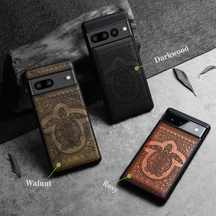 The Enigmatic Turtle, Classic Engraved Wood & TPU Case - Artisanal Cover for Google Pixel