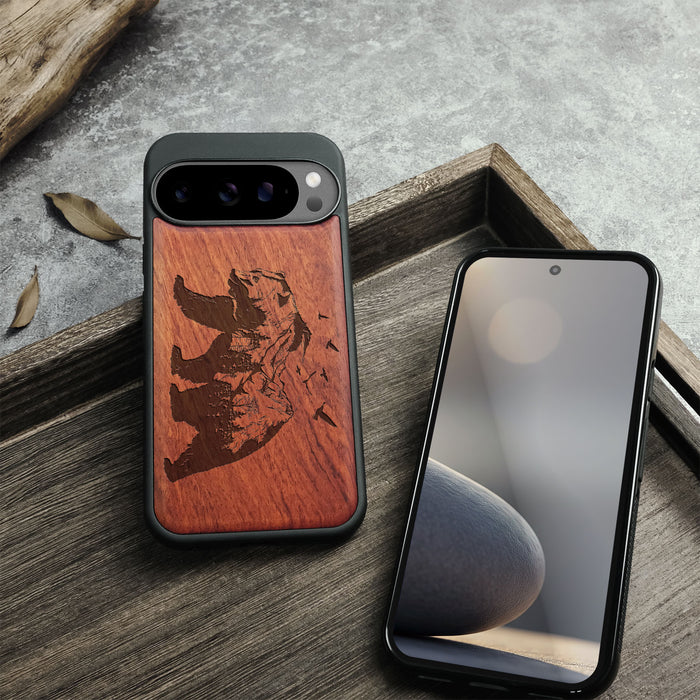 Majestic Bear in Nature's Embrace, Classic Engraved Wood & TPU Case - Artisanal Cover for Google Pixel