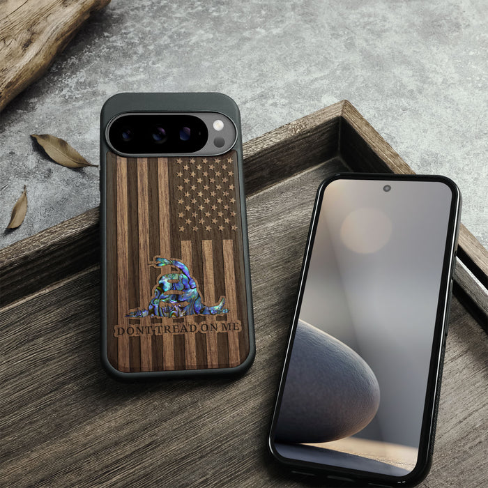 The Gadsden Flag Reenvisioned, Hand-Inlaid Wood & Mother of Pearl Case - Artisanal Cover for Google Pixel
