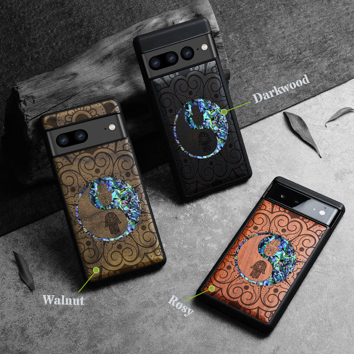 Tranquil Harmony Mandala, Hand-Inlaid Wood & Mother of Pearl Case - Artisanal Cover for Google Pixel