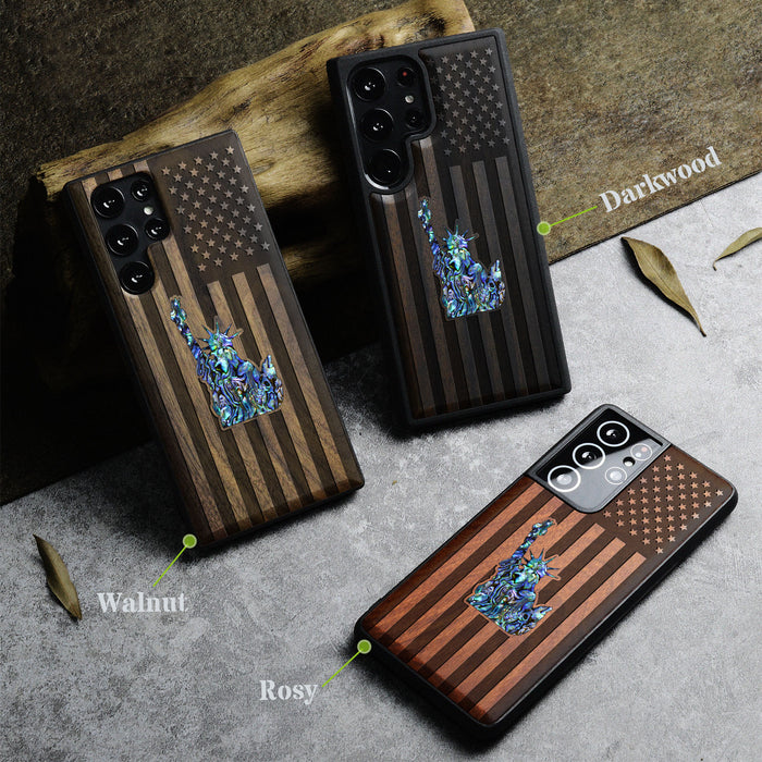 Statue of Liberty and Flag, Hand-Inlaid Wood & Mother of Pearl Case - Artisanal Cover for Samsung Galaxy