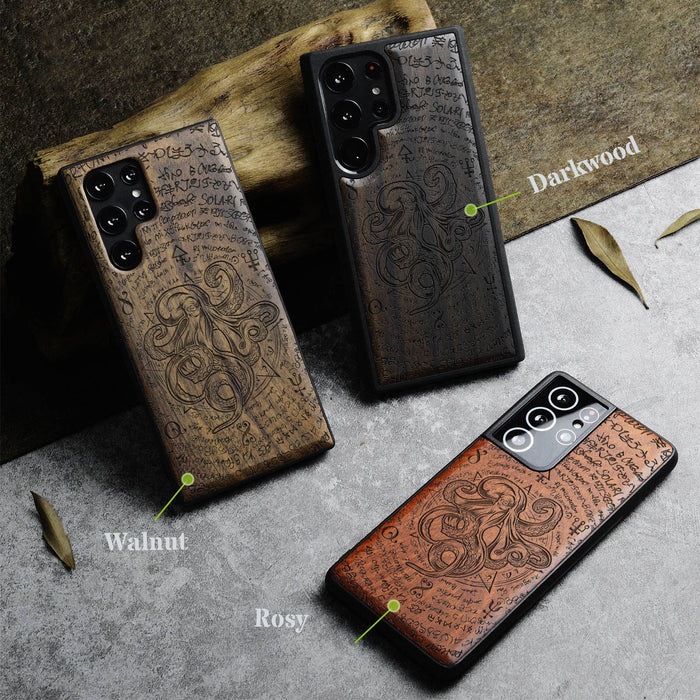 Octopus and Octagonal Star, Classic Engraved Wood & TPU Case - Artisanal Cover for Samsung Galaxy