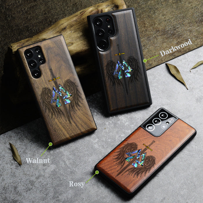 Wings of Valor Essence, Hand-Inlaid Wood & Mother of Pearl Case - Artisanal Cover for Samsung Galaxy