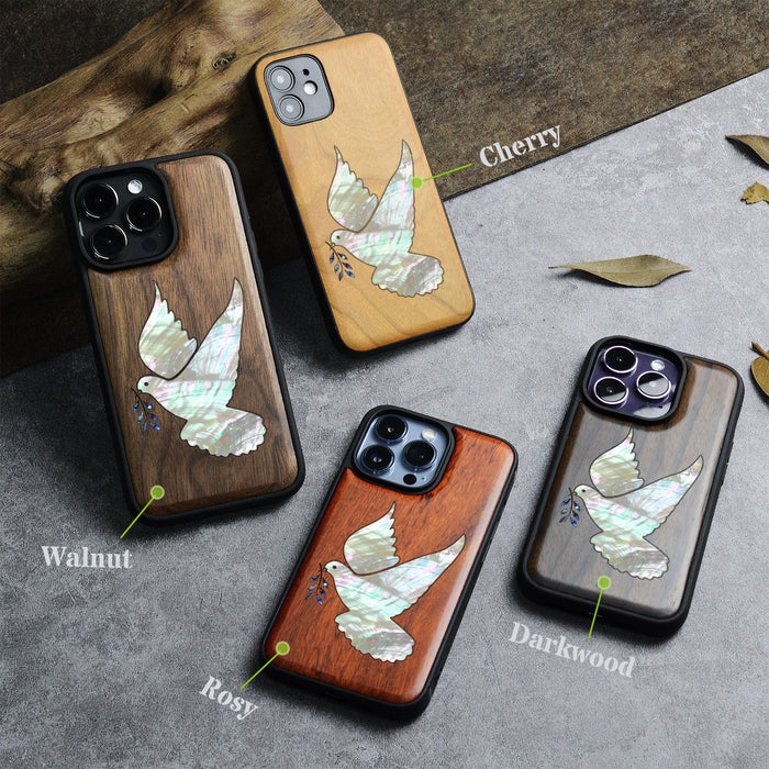 The Dove with Olive Branch, Hand-Inlaid Wood & Mother of Pearl Case - Artisanal Cover for Apple iPhone