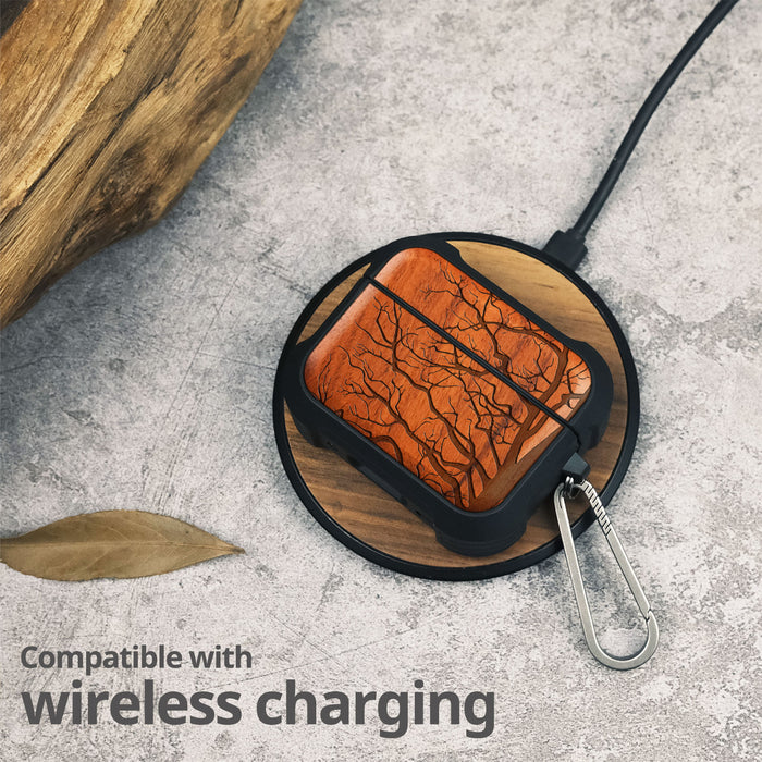 Bare Tree - Wood Artisan Engraved & Shell Hand-Inlaid Cover - Artisanal Case for Apple AirPods (Titanium Quick Released Clasp)