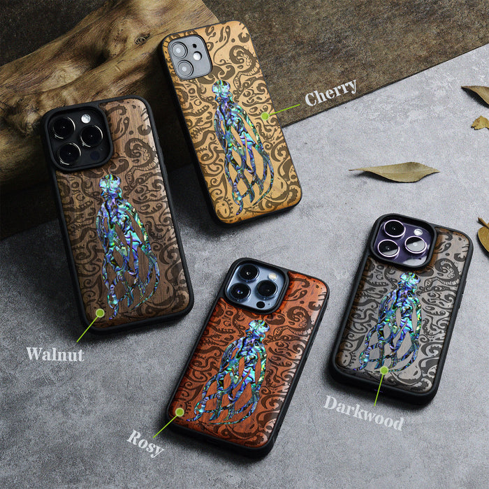 Cephalopod's Nocturne, Hand-Inlaid Wood & Mother of Pearl Case - Artisanal Cover for Apple iPhone