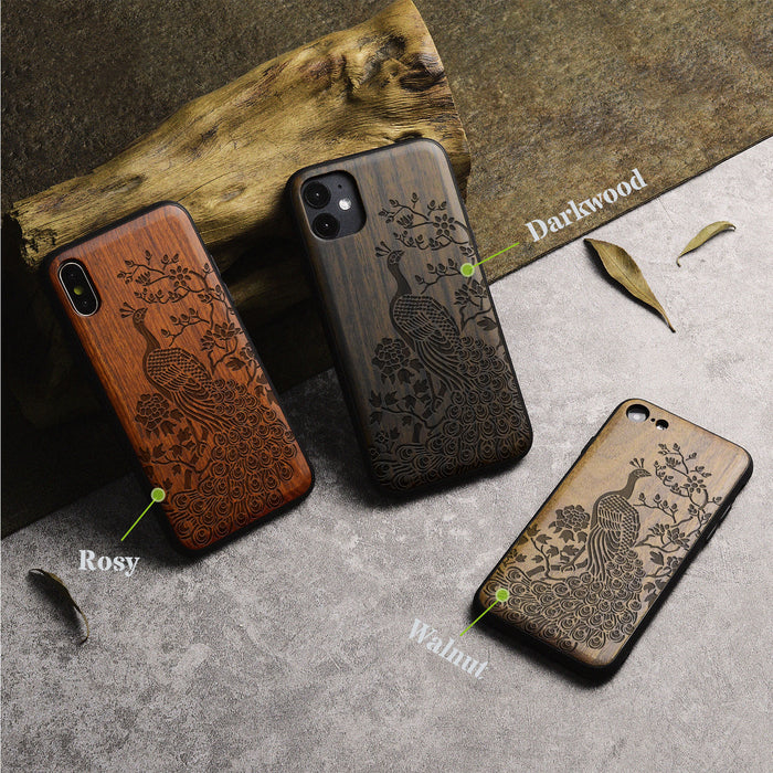 The Majestic Asian Peacock, Classic Engraved Wood & TPU Case - Artisanal Cover for Apple iPhone