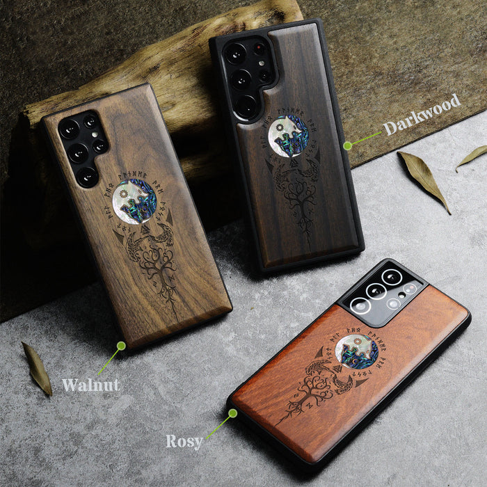 Vegvísir, Ravens, and Yggdrasil, Hand-Inlaid Wood & Mother of Pearl Case - Artisanal Cover for Samsung Galaxy