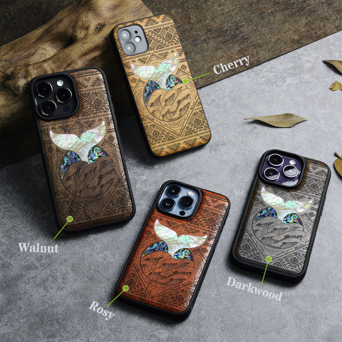 The Whale's Song Amidst Aztec Waves, Hand-Inlaid Wood & Mother of Pearl Case - Artisanal Cover for Apple iPhone