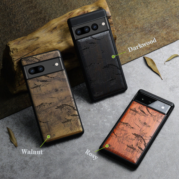 An Intricate Chinese Landscape, Classic Engraved Wood & TPU Case - Artisanal Cover for Google Pixel