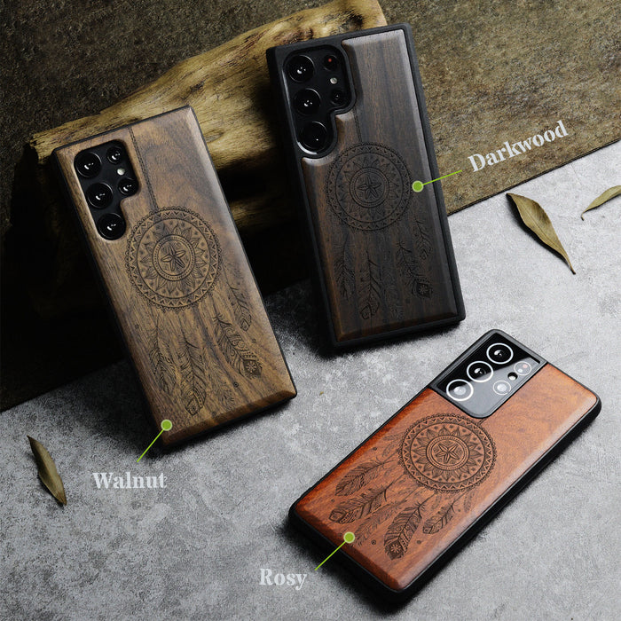 The Dreamcatcher's Embrace, Classic Engraved Wood & TPU Case - Artisanal Cover for Samsung Galaxy