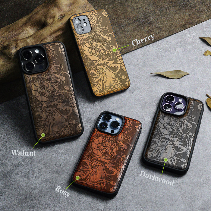 Fierce Mythical Clas, Classic Engraved Wood & TPU Case - Artisanal Cover for Apple iPhone