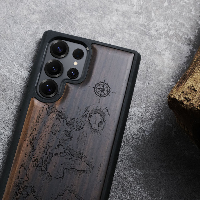 Abstract Expressionist World Map Linework Classic Engraved Wood & TPU Case Samsung Galaxy Artisanal Case View