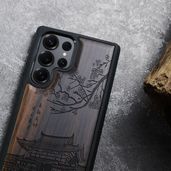 The Ancient Temple Amidst Cherry Blossoms, Classic Engraved Wood & TPU Case - Artisanal Cover for Samsung Galaxy