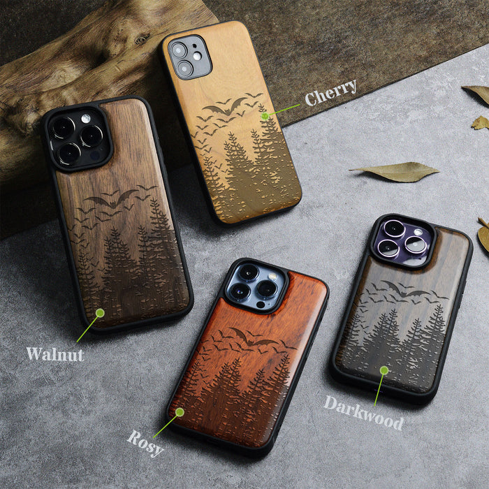 Bats Over the Forest, Classic Engraved Wood & TPU Case - Artisanal Cover for Apple iPhone