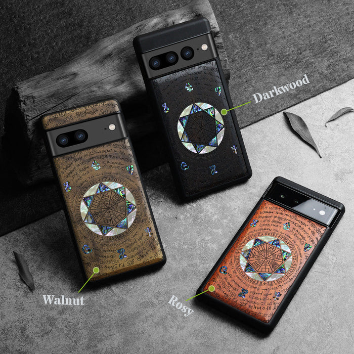 The Sacred Seals, Hand-Inlaid Wood & Mother of Pearl Case - Artisanal Cover for Google Pixel
