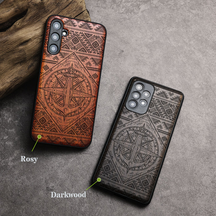 Nautical Ensemble Amidst Zendoodle Geometry, Classic Engraved Wood & TPU Case - Artisanal Cover for Samsung Galaxy