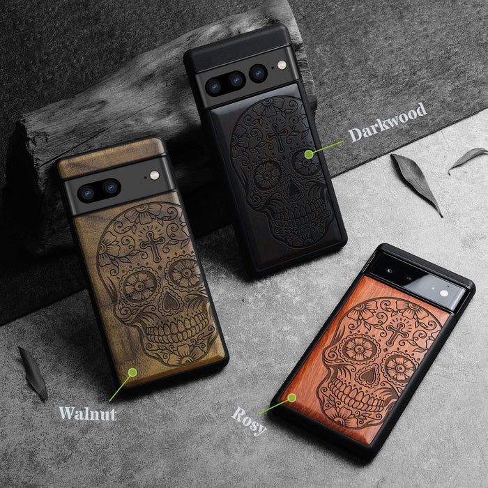 The Dia de los Muertos Sugar Skul, Classic Engraved Wood & TPU Case - Artisanal Cover for Google Pixel