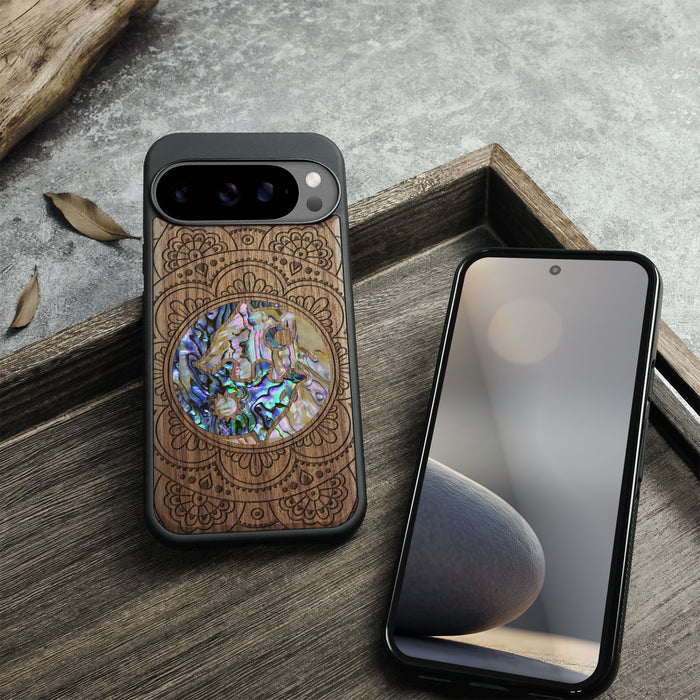 Yin-Yang Wolves Amidst Paisley, Hand-Inlaid Wood & Mother of Pearl Case - Artisanal Cover for Google Pixel