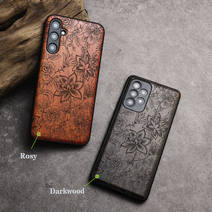 Floral Symphony, Classic Engraved Wood & TPU Case - Artisanal Cover for Samsung Galaxy