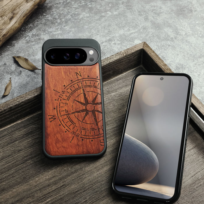 Compass Quest, Classic Engraved Wood & TPU Case - Artisanal Cover for Google Pixel