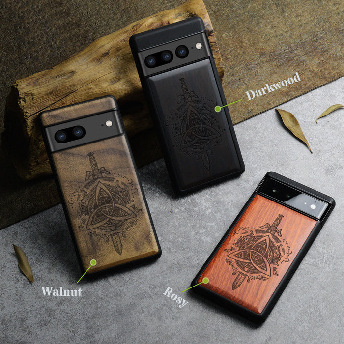 Norse Emblems, Classic Engraved Wood & TPU Case - Artisanal Cover for Google Pixel