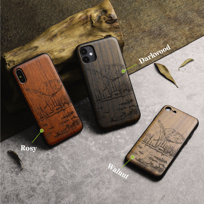 Mountains, Lake, and Village Life, Classic Engraved Wood & TPU Case - Artisanal Cover for Apple iPhone