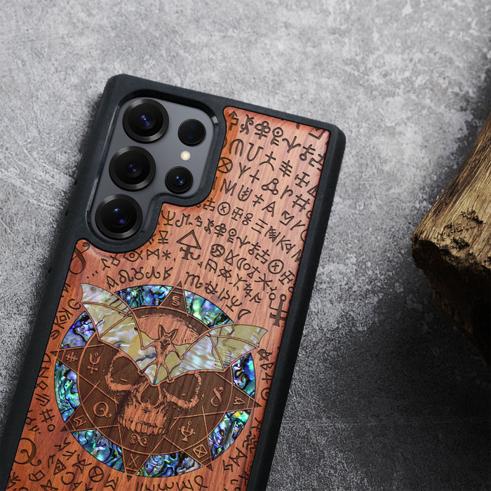 Bat and Skull within the Octagonal Star, Hand-Inlaid Wood & Mother of Pearl Case - Artisanal Cover for Samsung Galaxy