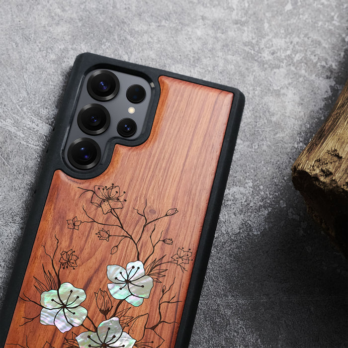 Whispering Sakura Blooms, Hand-Inlaid Wood & Mother of Pearl Case - Artisanal Cover for Samsung Galaxy