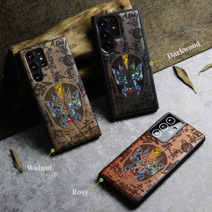 The Chinese Opera Mask, Hand-Inlaid Wood & Mother of Pearl Case - Artisanal Cover for Samsung Galaxy