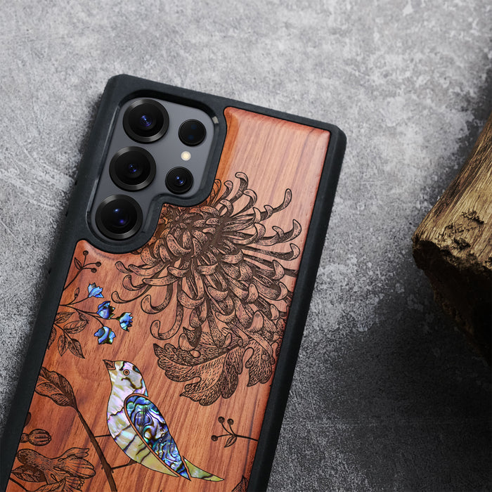 The Chrysanthemum and the Songbird, Hand-Inlaid Wood & Mother of Pearl Case - Artisanal Cover for Samsung Galaxy