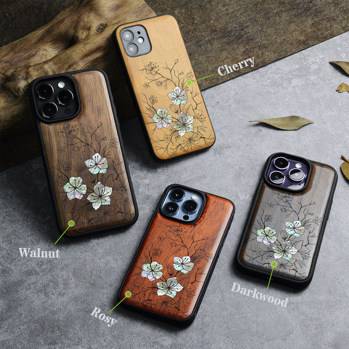 Whispering Sakura Blooms, Hand-Inlaid Wood & Mother of Pearl Case - Artisanal Cover for Apple iPhone