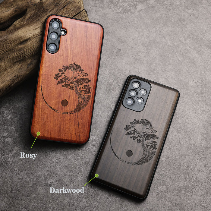 Yin Yang Bonsai Tree in Japanese Style, Classic Engraved Wood & TPU Case - Artisanal Cover for Samsung Galaxy