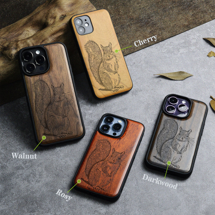 The Squirrel Sketch, Classic Engraved Wood & TPU Case - Artisanal Cover for Apple iPhone